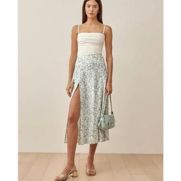 Reformation Zoe Midi Skirt Blue Floral Slit Front Women’s Size 2 - Picture 4 of 9